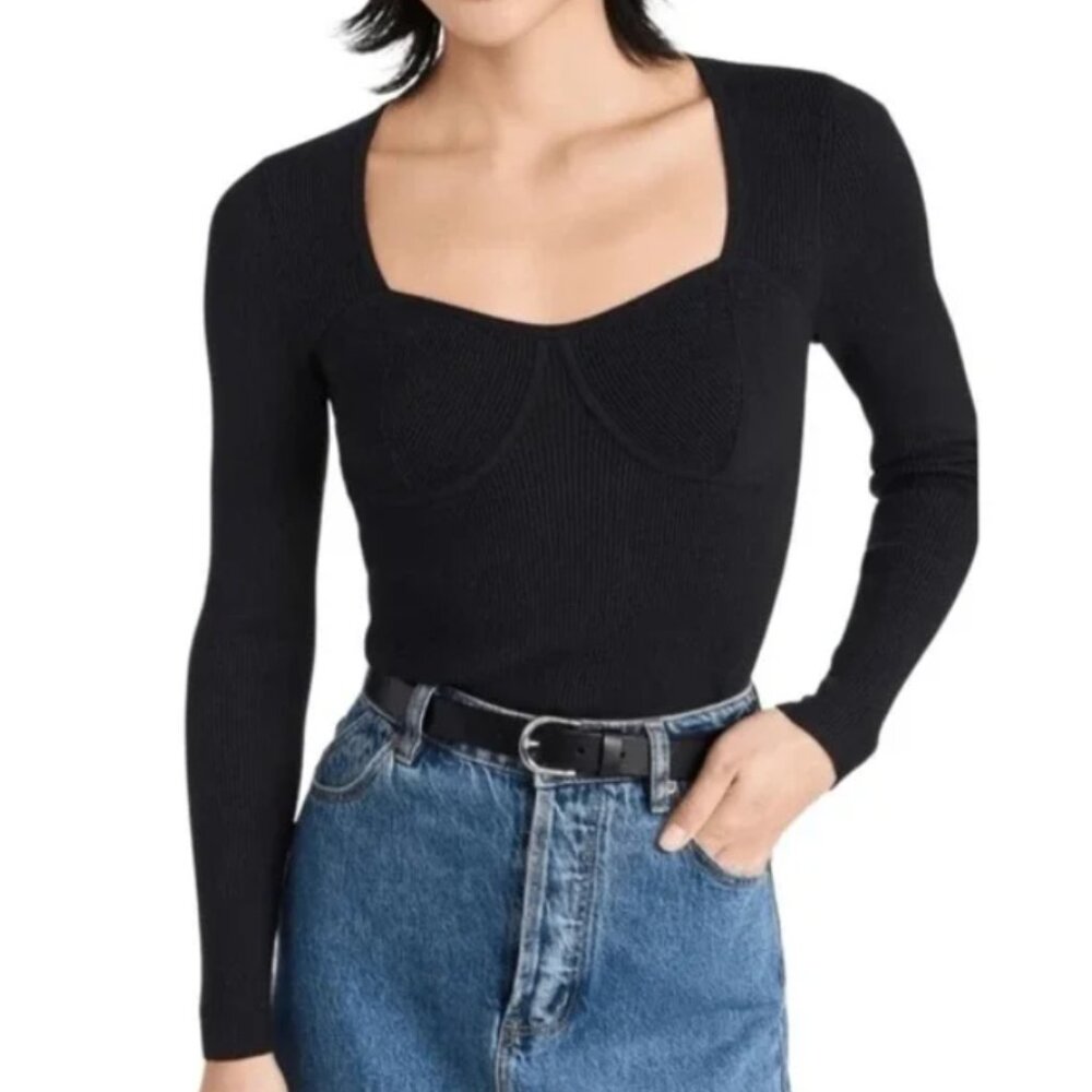 NWT Madewell black ribbed corset seam long sleeve‎ top XXS